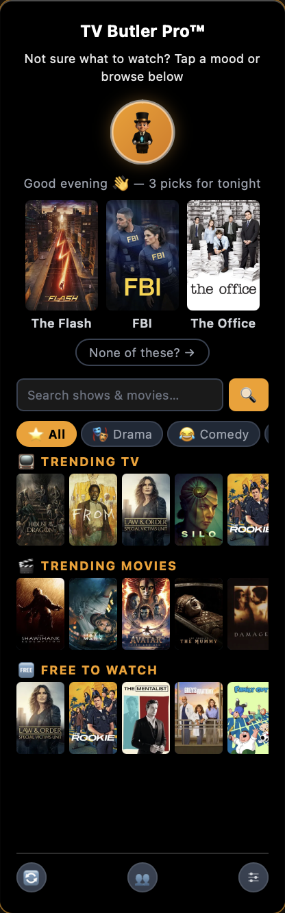 TV Butler Pro app — mood picker with trending TV, trending movies and a free-to-watch row