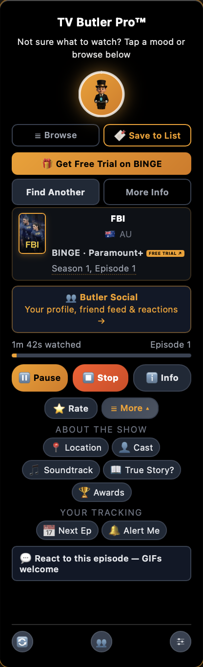 TV Butler Pro app — episode tracking screen with pause, stop, rate and next-episode alerts