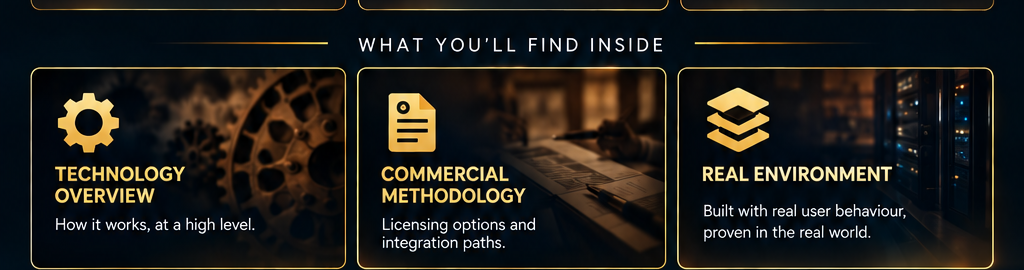What you'll find inside: Technology Overview — how it works, at a high level. Commercial Methodology — licensing options and integration paths. Real Environment — built with real user behaviour, proven in the real world.